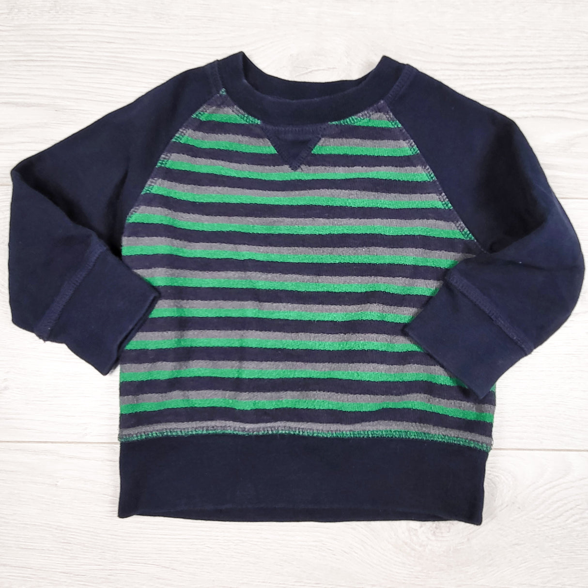 Children's Place navy and green striped knit long sleeve top. Size 12-18 months