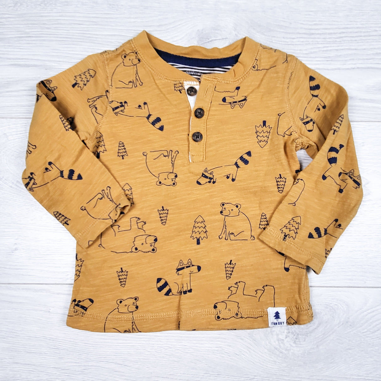 Carters golden yellow long sleeve top with woodland animals. Size 18 months
