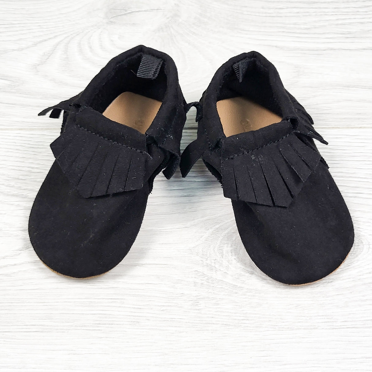 Old Navy black faux suede soft soled moc shoes. Size 6-12 months
