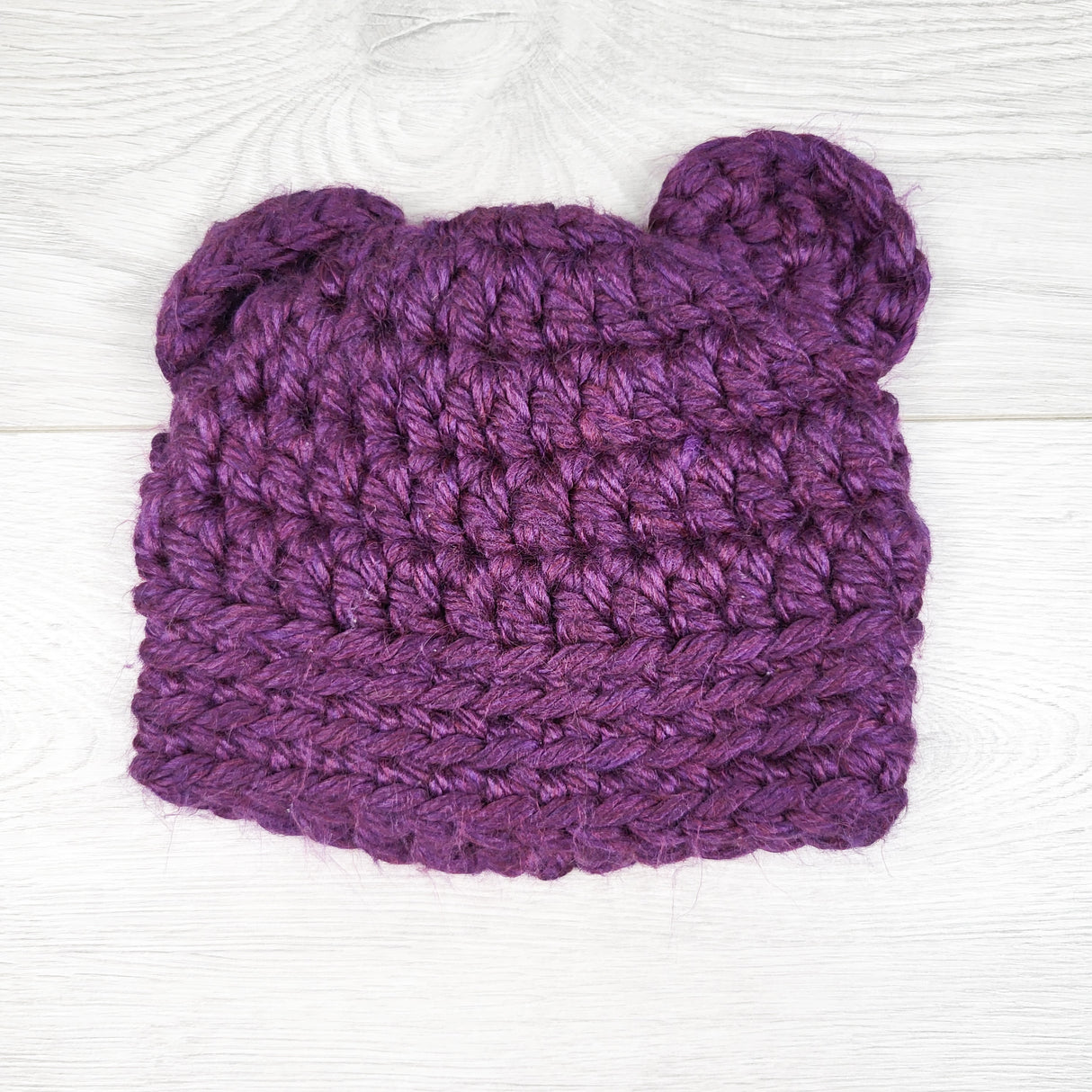 Purple handmade bear ear hat. Infant sized