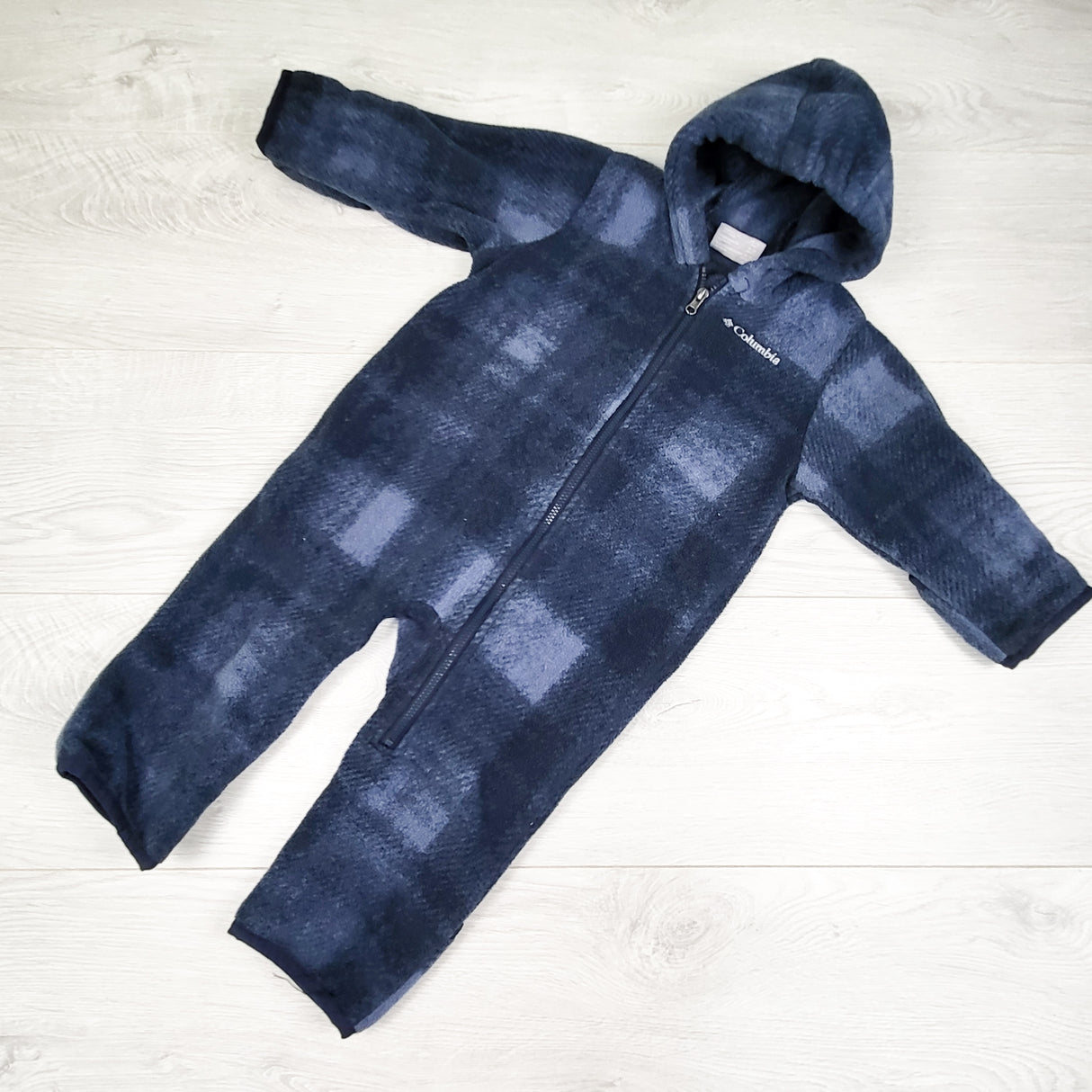 Columbia blue plaid fleece bunting suit. Size 6-12 months