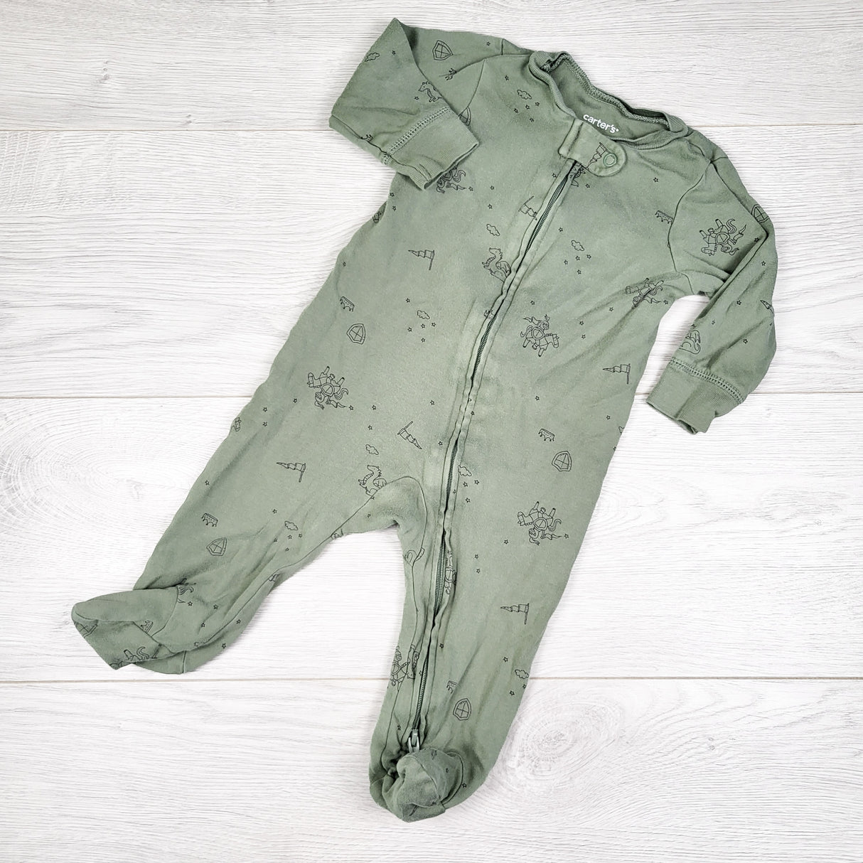 Carters green zippered cotton sleeper with knights and dragons. Size 6 months