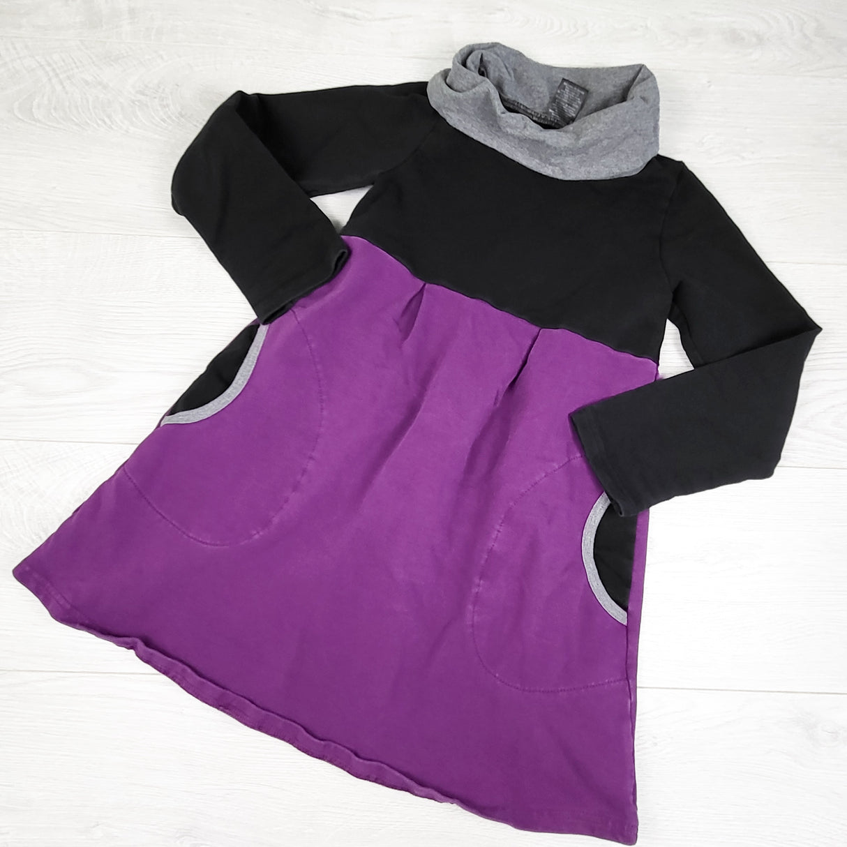 Peekaboo Beans purple and black cowl neck dress. Size 6