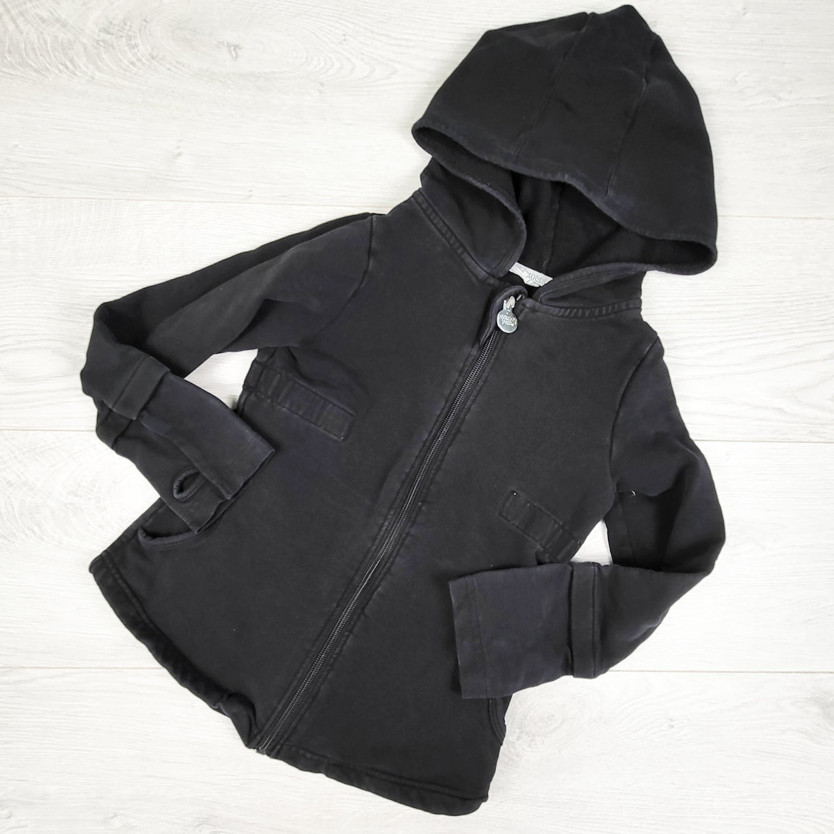 Peekaboo Beans black zip up hoodie. Size 6