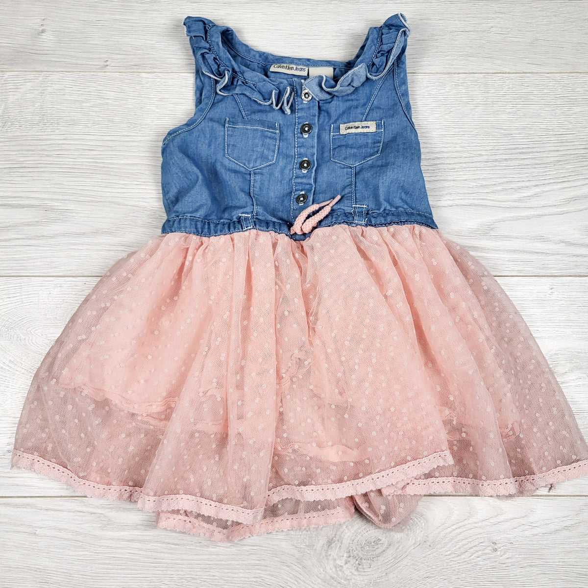 Calvin Klein denim look dress with pink tulle skirting. Size 24 months