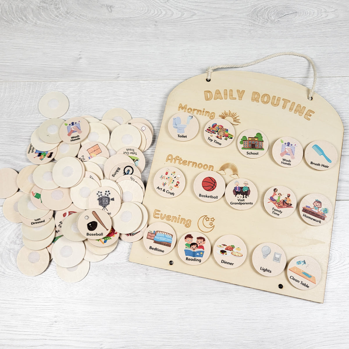 Wooden daily routine and chore board