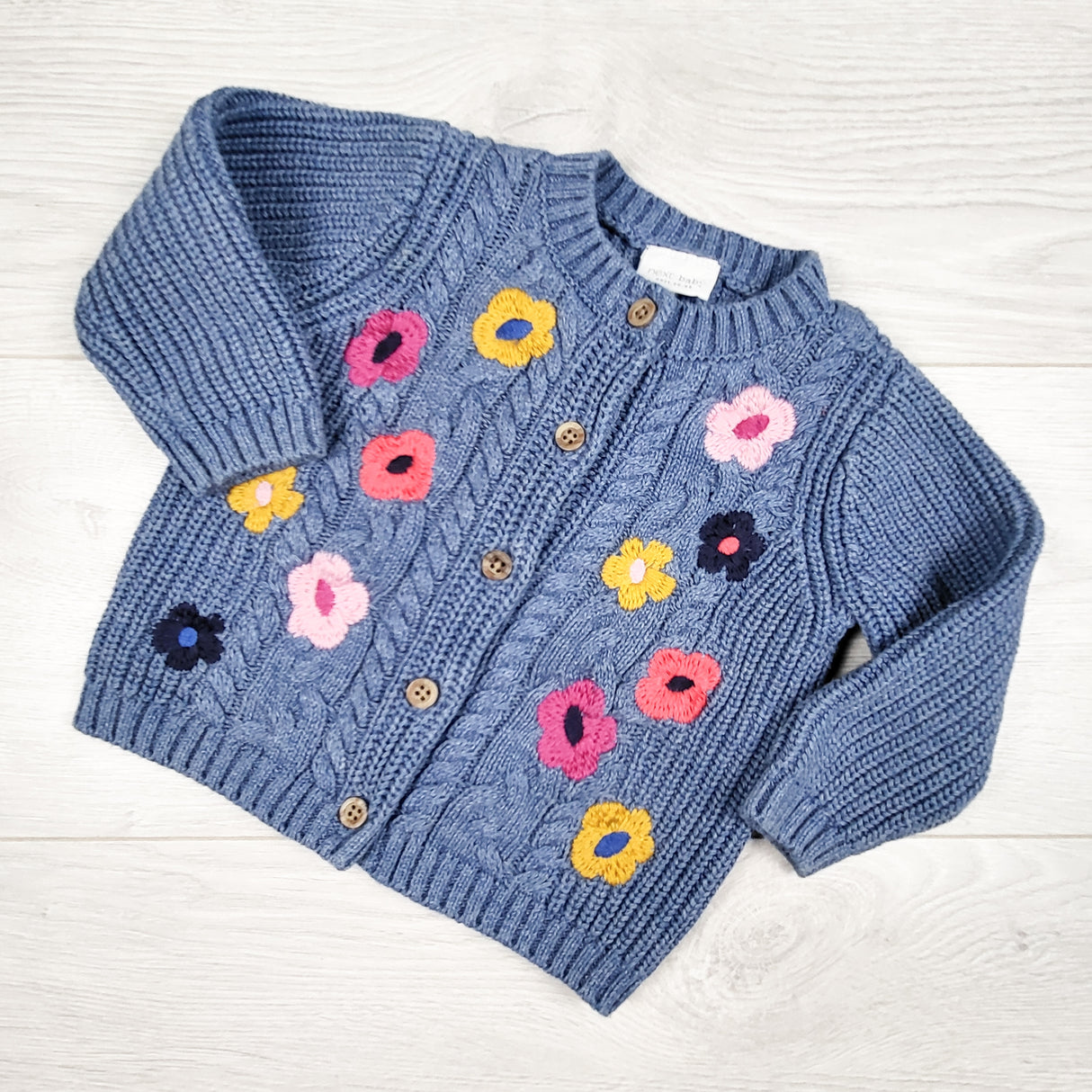 Next Baby blue cable knit cardigan sweater with flowers. Size 3-6 months