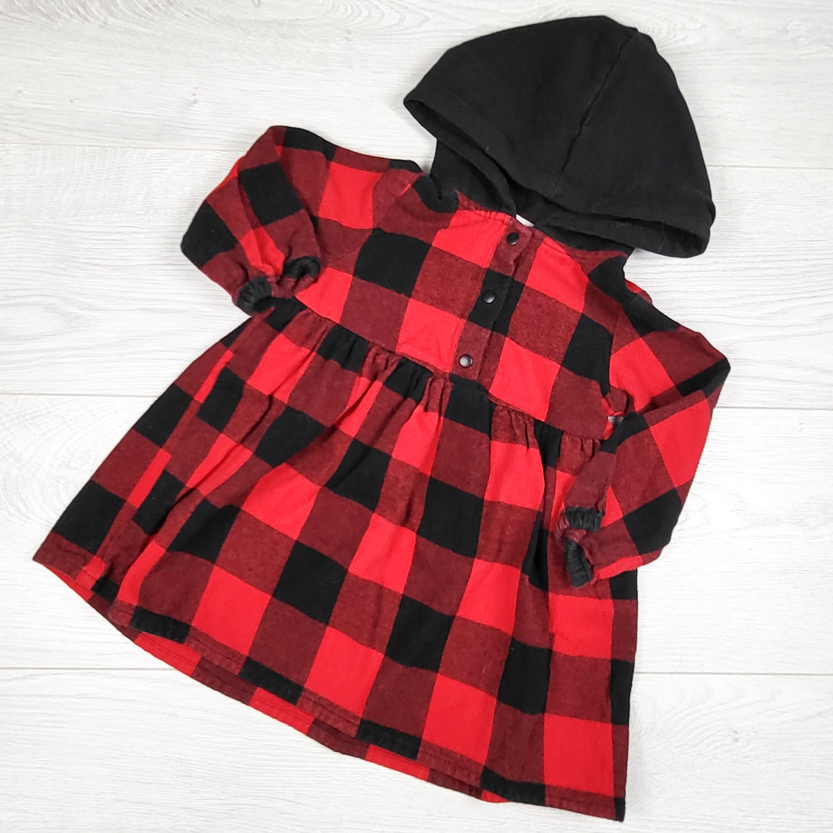 Canadiana buffalo plaid hooded flannel dress. Size 12-18 months