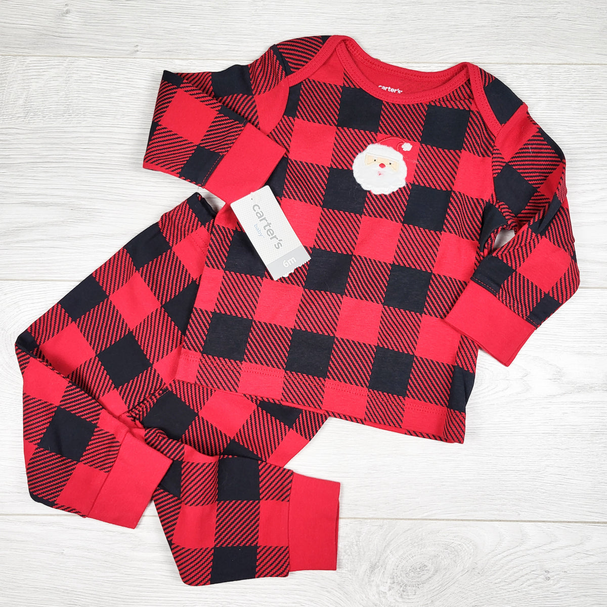 NEW - Carters buffalo plaid 2pc PJs with Santa. Size 6 months