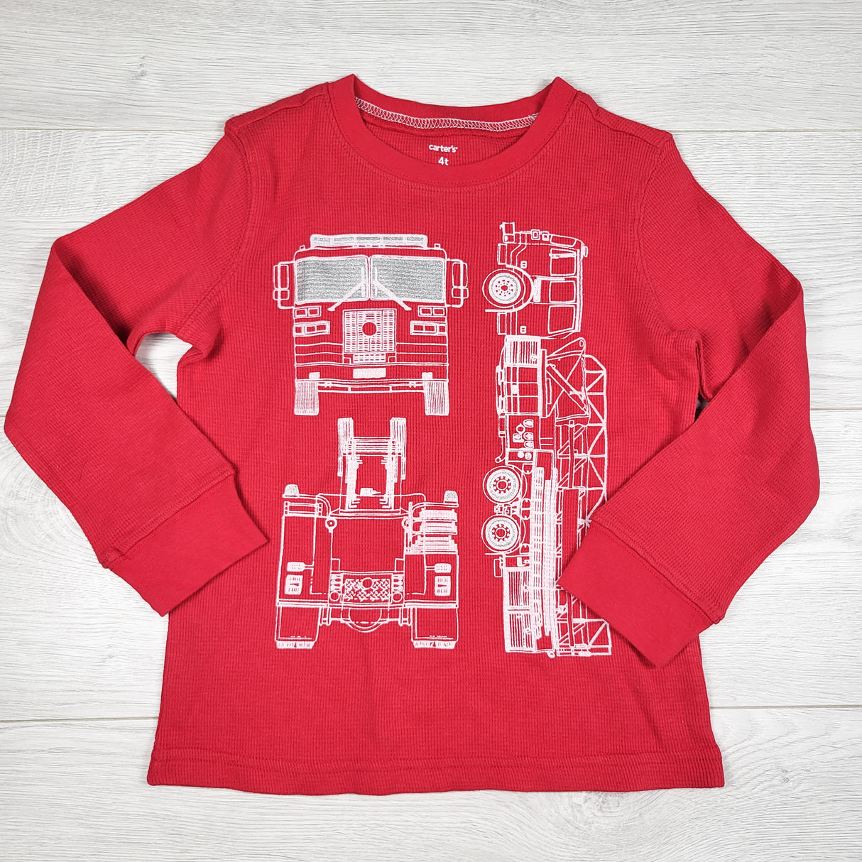Carters red waffle knit top with fire truck. Size 4T