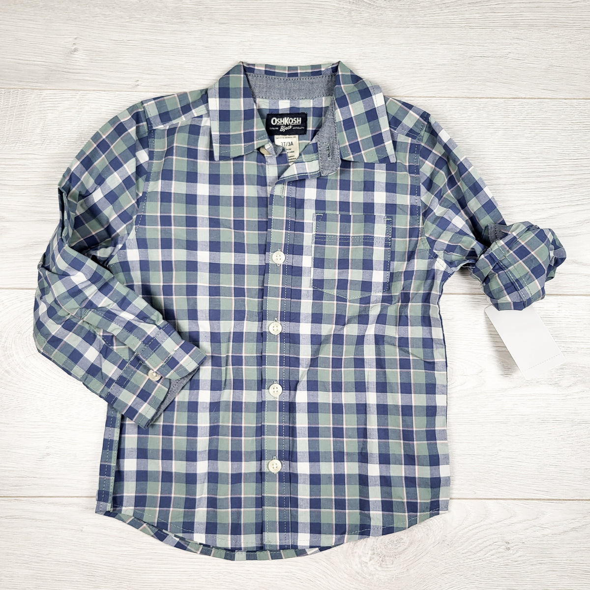 NEW - Oshkosh green and blue plaid button up shirt. Size 3T