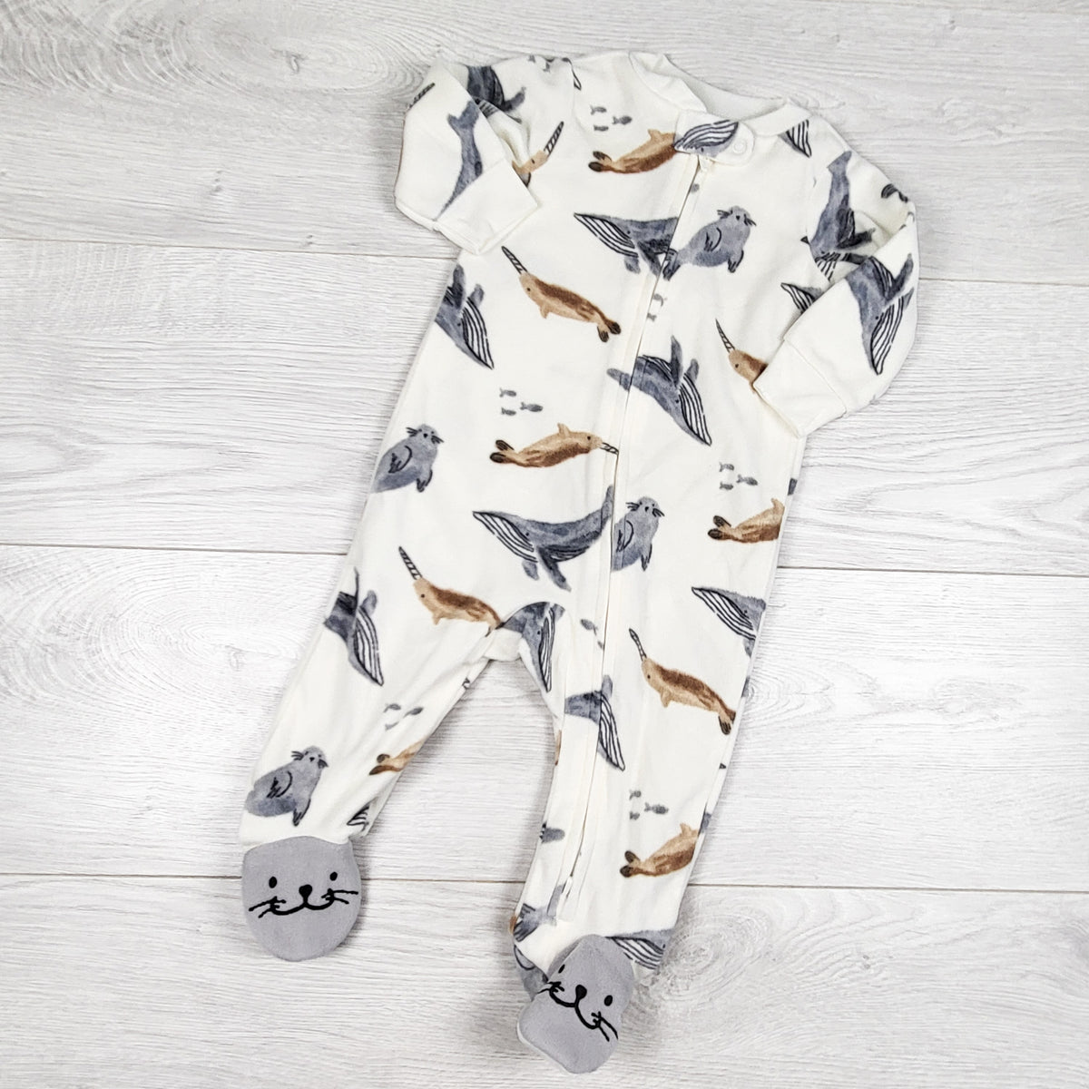 Child of Mine white zippered fleece sleeper with whales and narwhals. Size 3-6 months