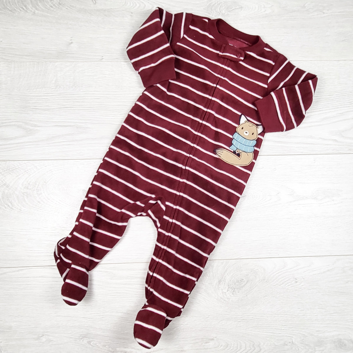 Carters burgundy striped zippered fleece sleeper with fox. Size 6 months