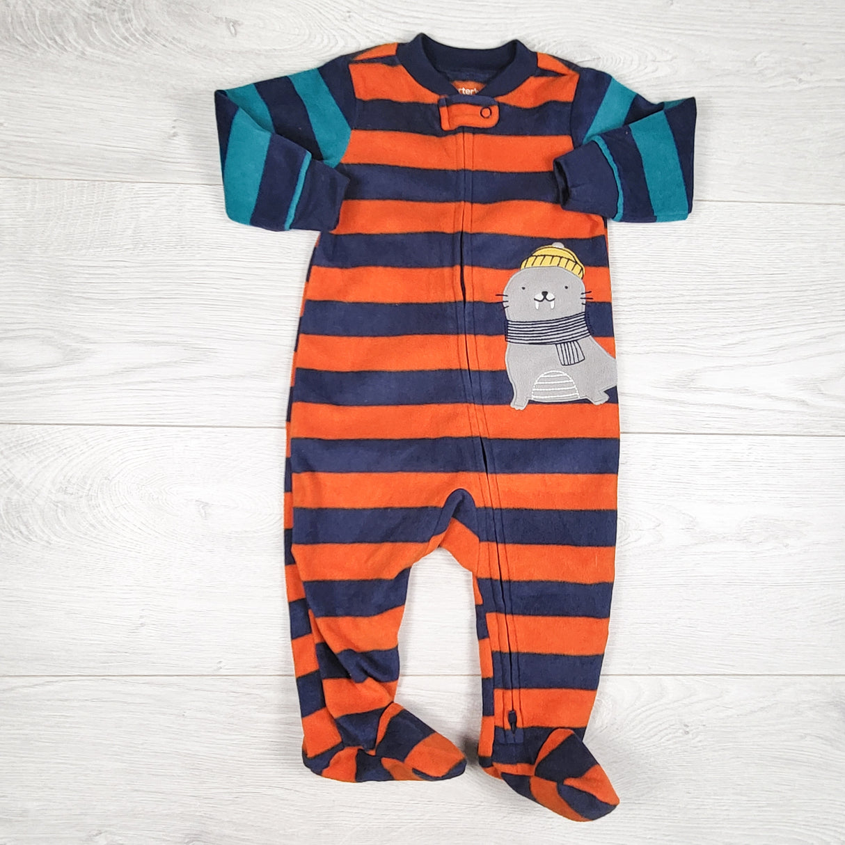 Carters orange striped zippered fleece sleeper with walrus. Size 6 months