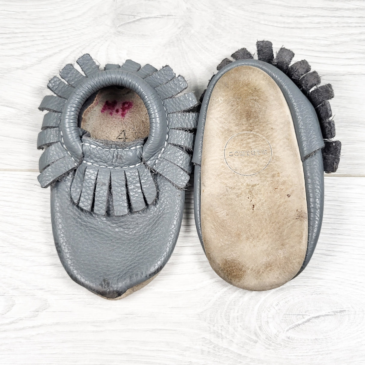 Minimoc grey leather soft soled shoes. Size 4