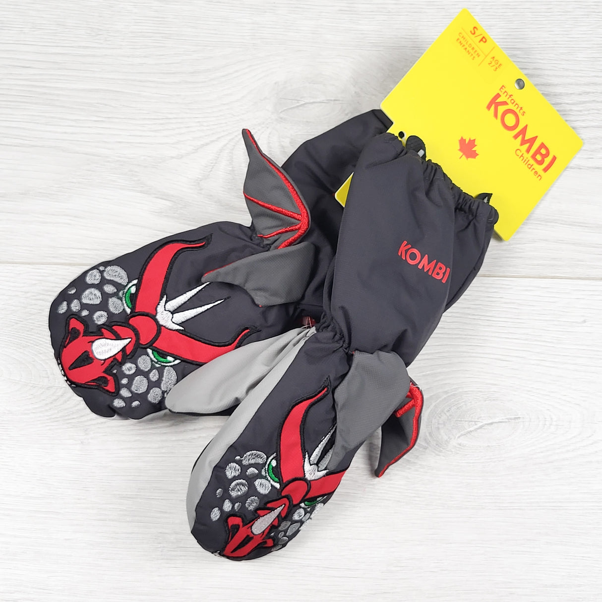 NEW - Kombi grey waterproof dragon mittens. Size 2/3T