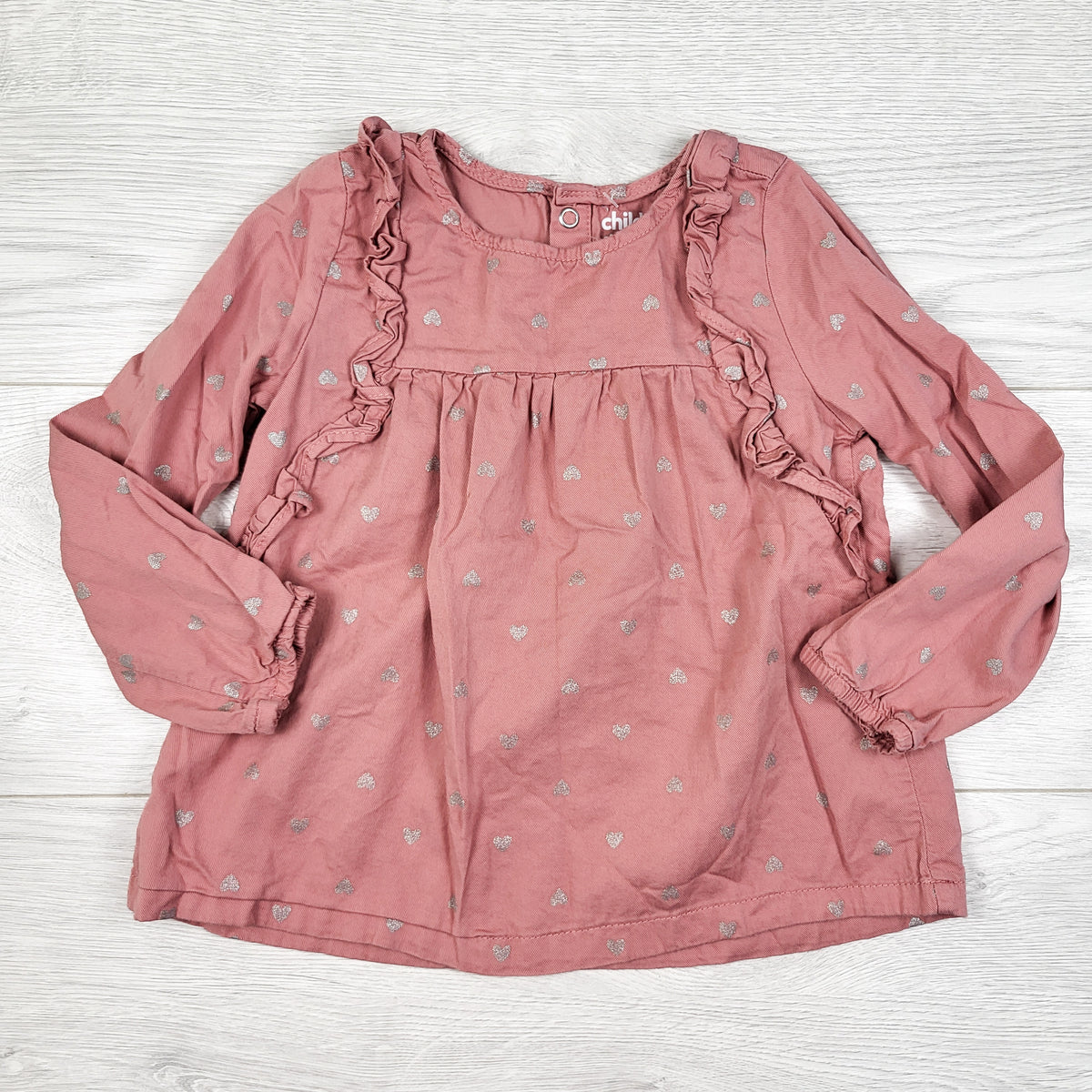 Child of Mine pink ruffle top with glitter hearts. Size 3T