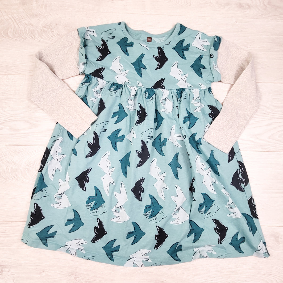 Tea Collection teal bird print fooler dress. Size 8