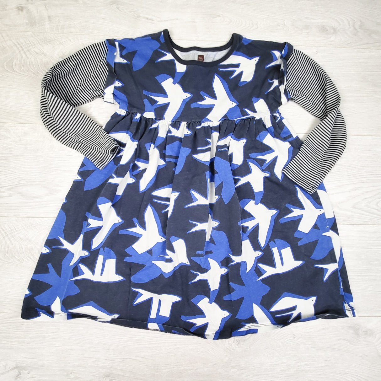 Tea Collection blue and grey bird print fooler dress. Size 8