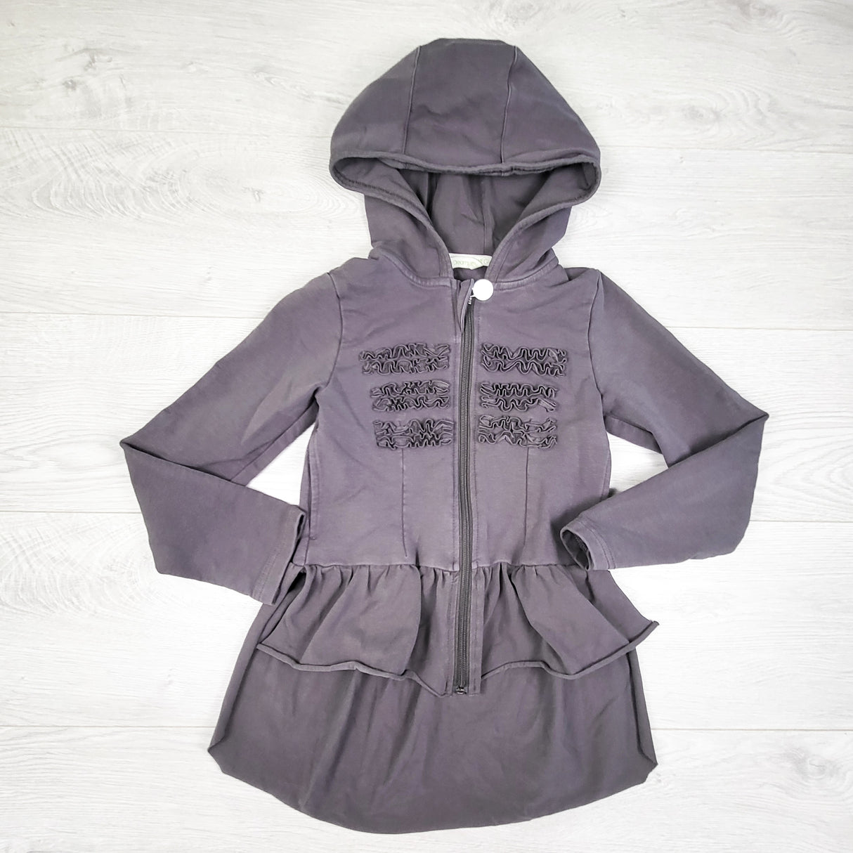 Peekaboo Beans grey zip up ruffle hoodie. Size 6
