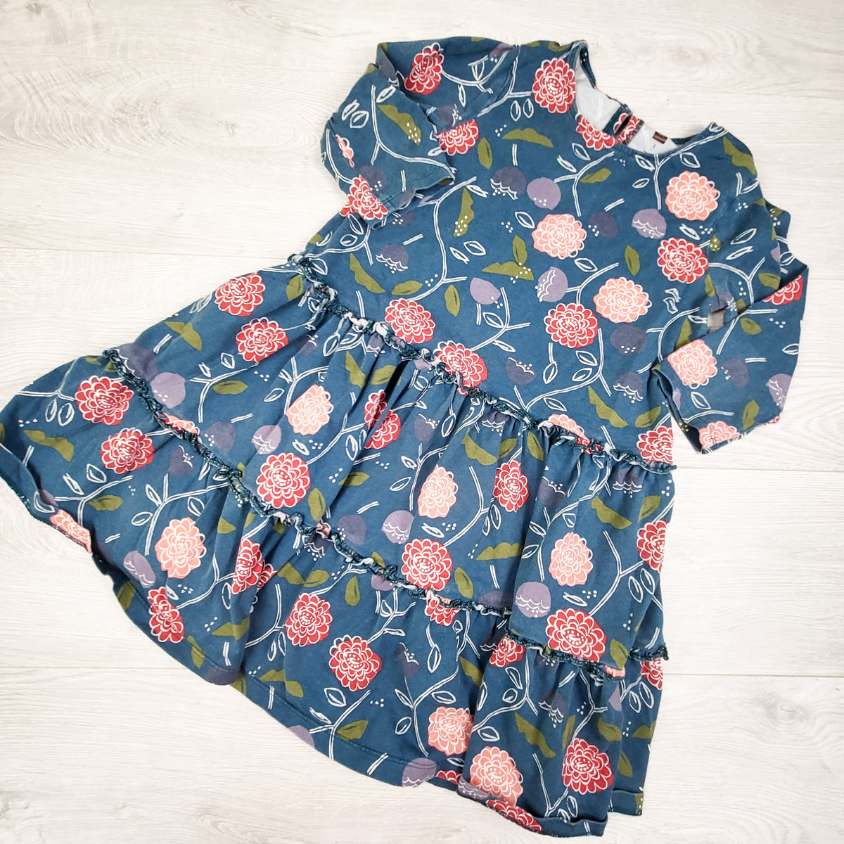 Tea Collection teal floral print tiered dress. Size 8