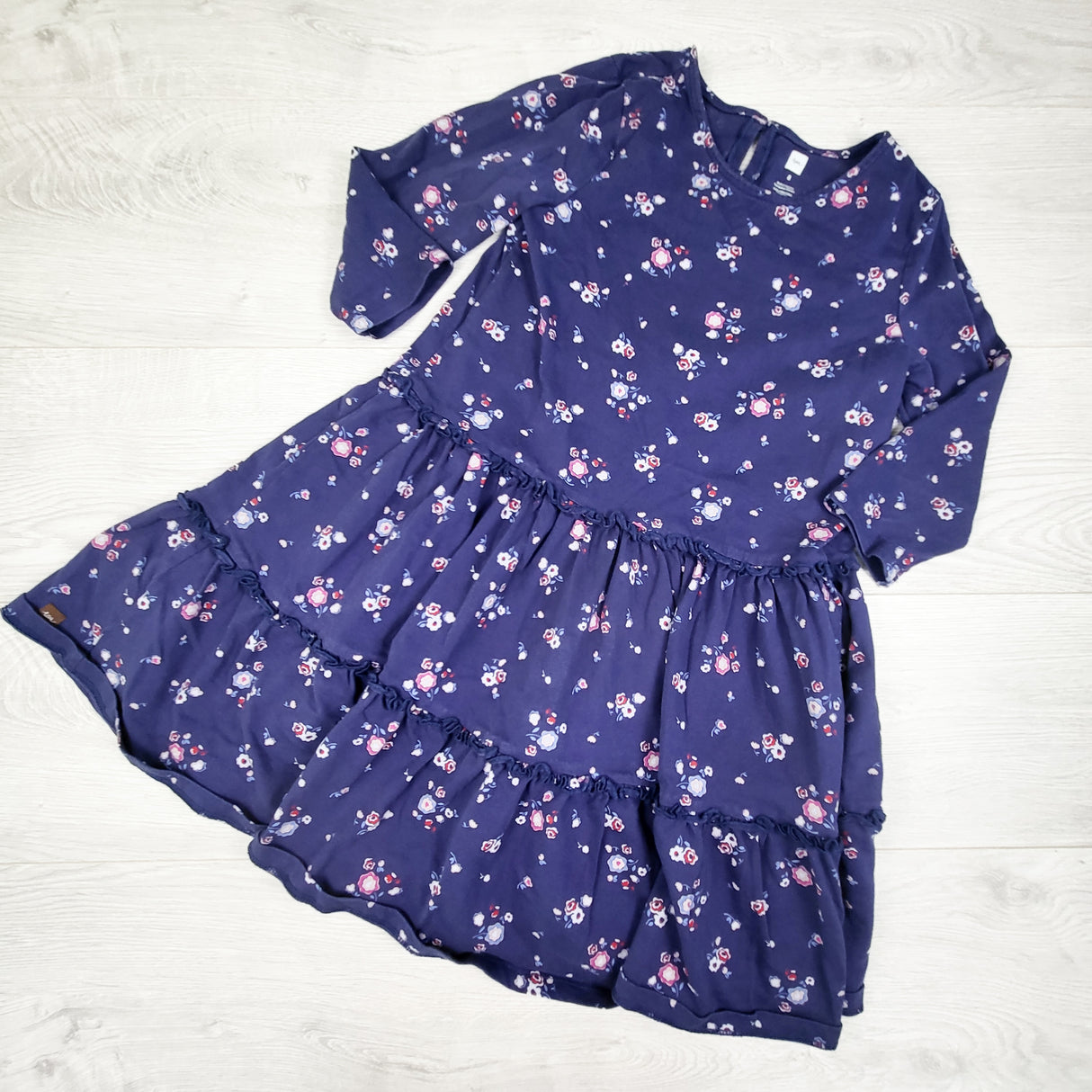 Tea Collection navy floral print tiered cotton dress. Size 8