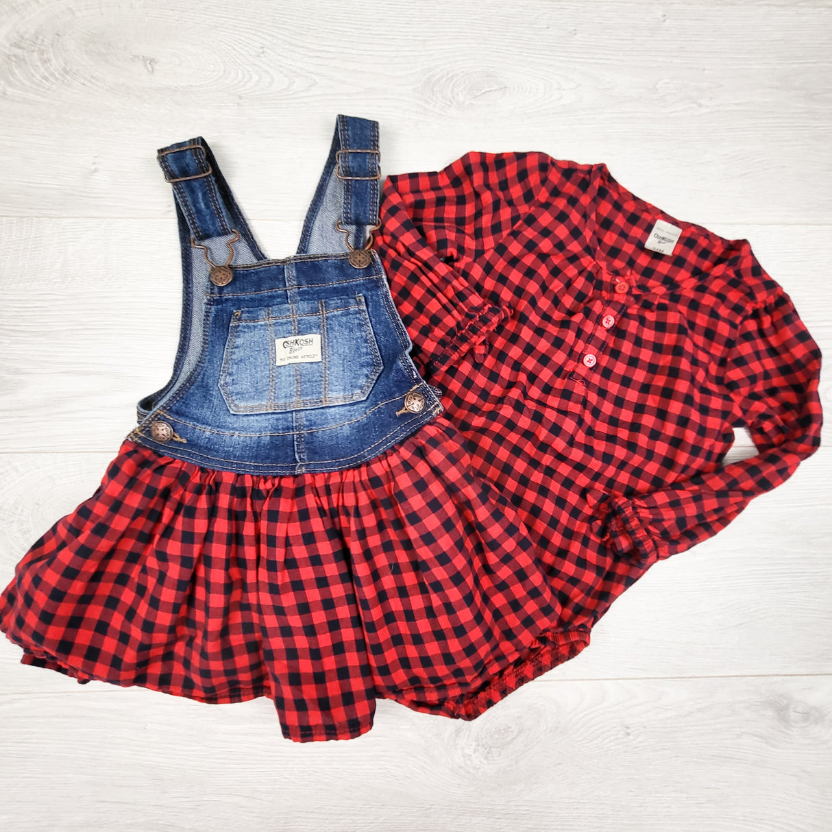 Oshkosh plaud button up bodysuit with matching dress. Size 2T