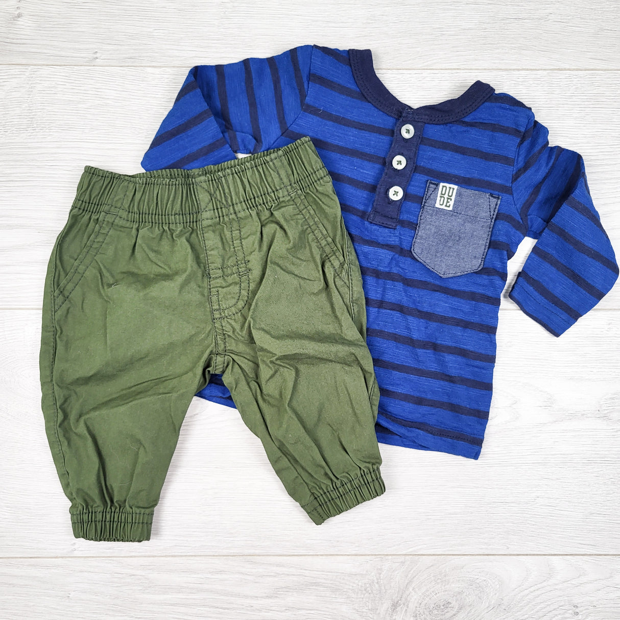 Carters blue striped top with matching olive green twill pants. Size 3 months