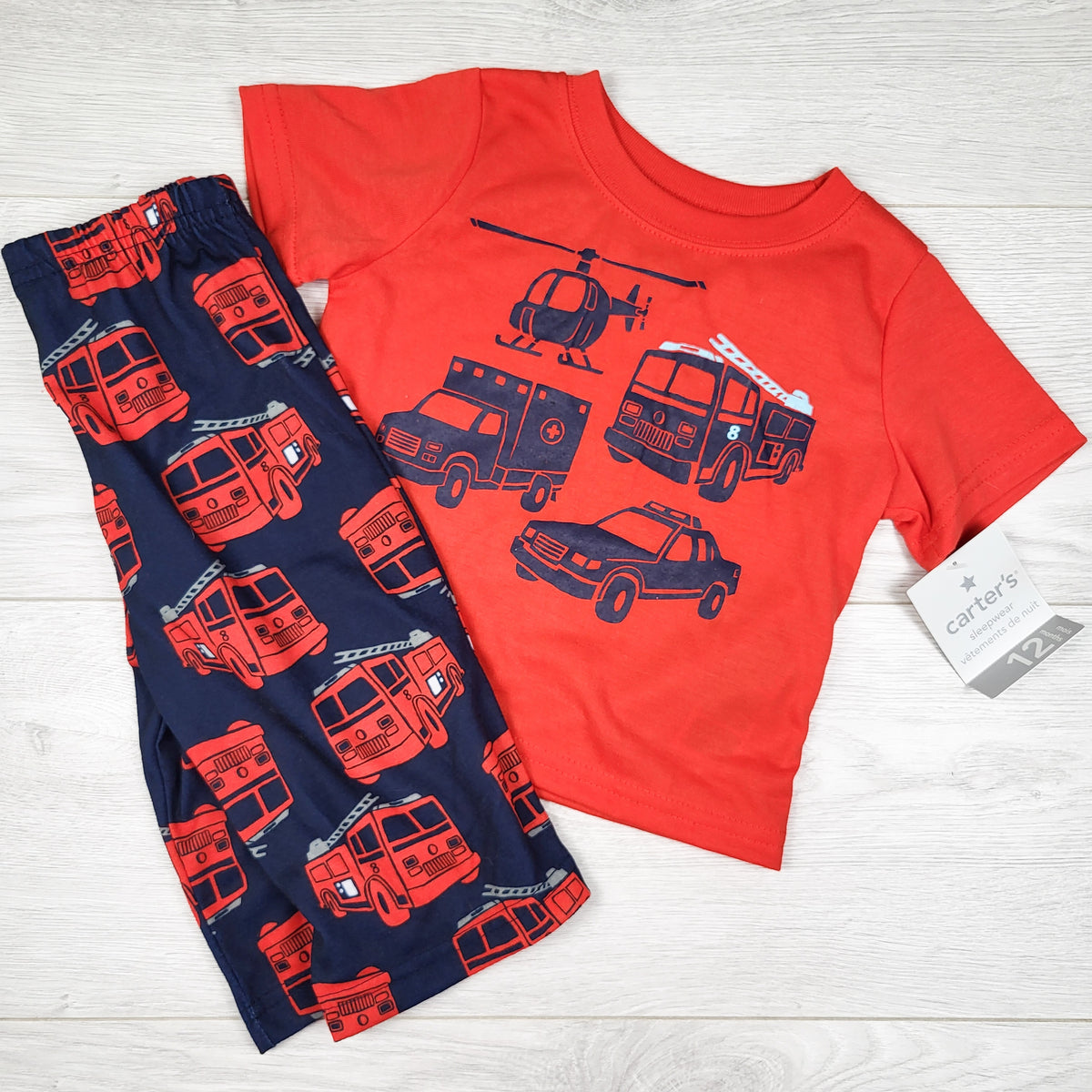NEW - Carters red and navy 2pc PJs with emergency vehicles. Size 12 months