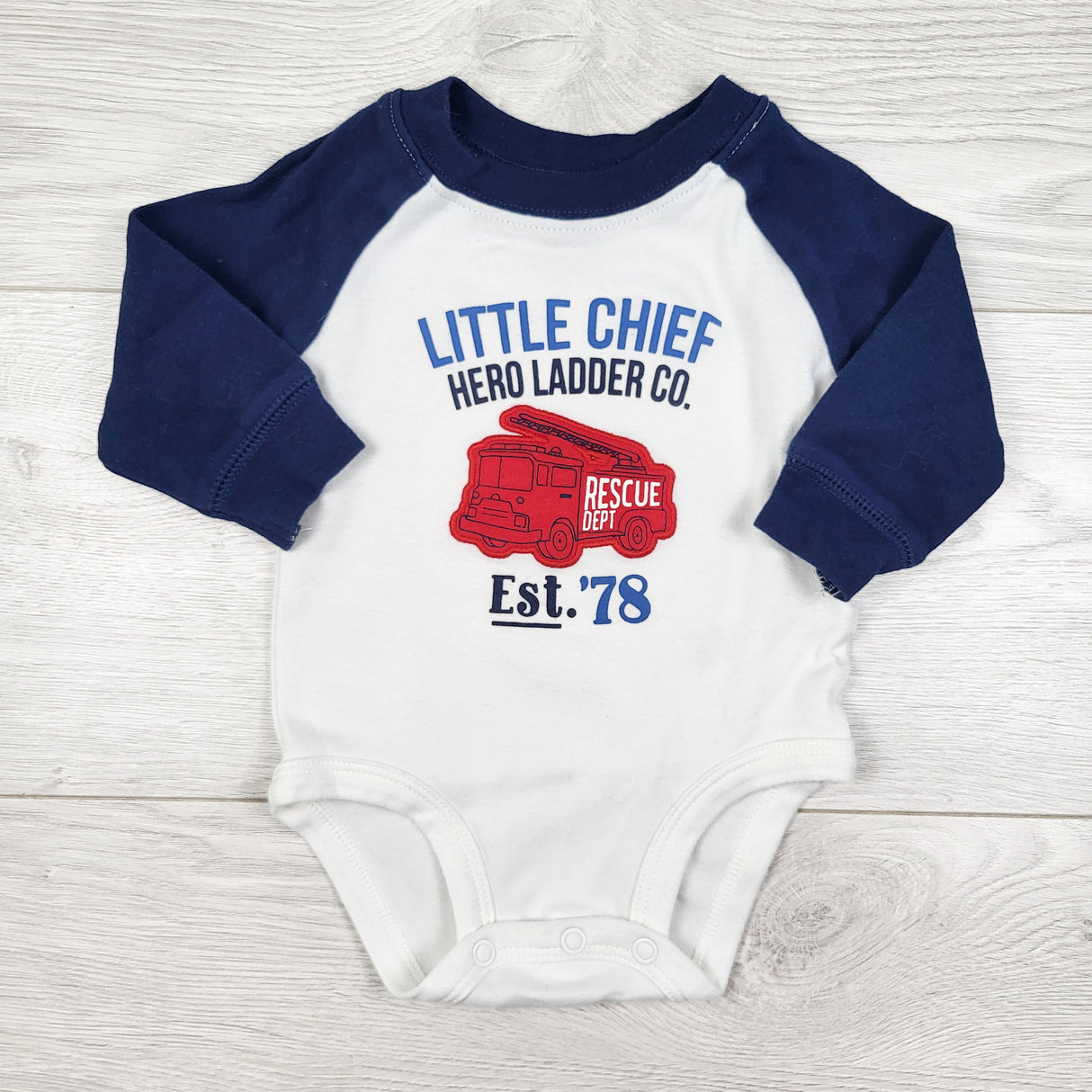 Carters white and navy raglan bodysuit with fire truck. Size 3 months