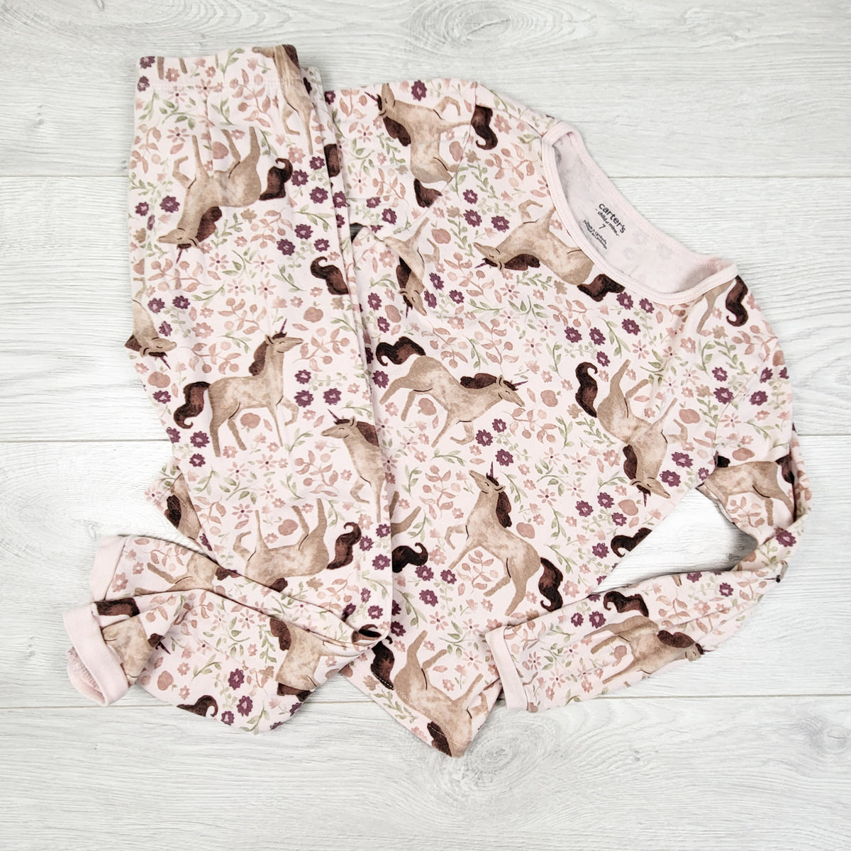 Child of Mine pink floral print 2pc PJs with unicorns. Size 7