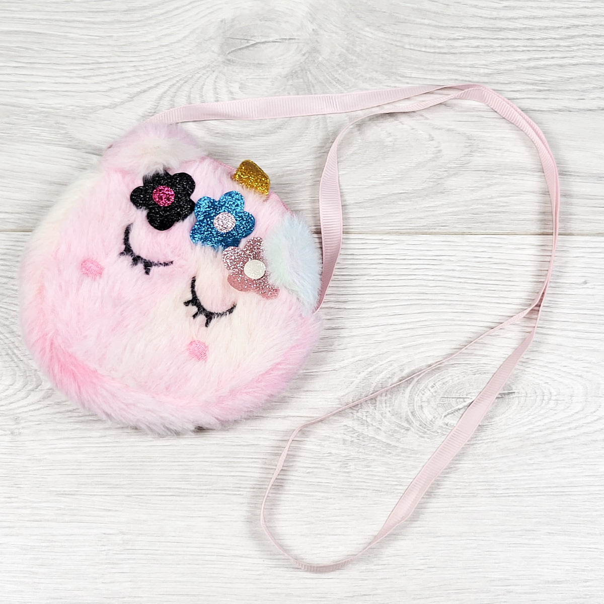 Pink plush small unicorn crossbody purse