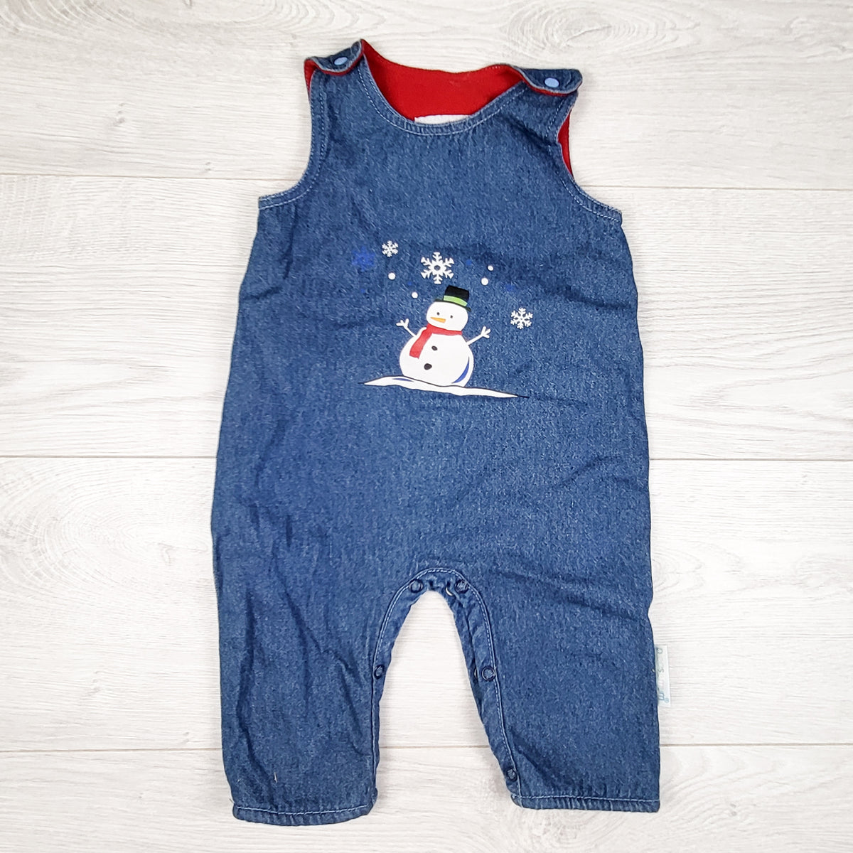 Vintage 1990s Please Mum fleece lined denim snowman overalls. Size 3 months