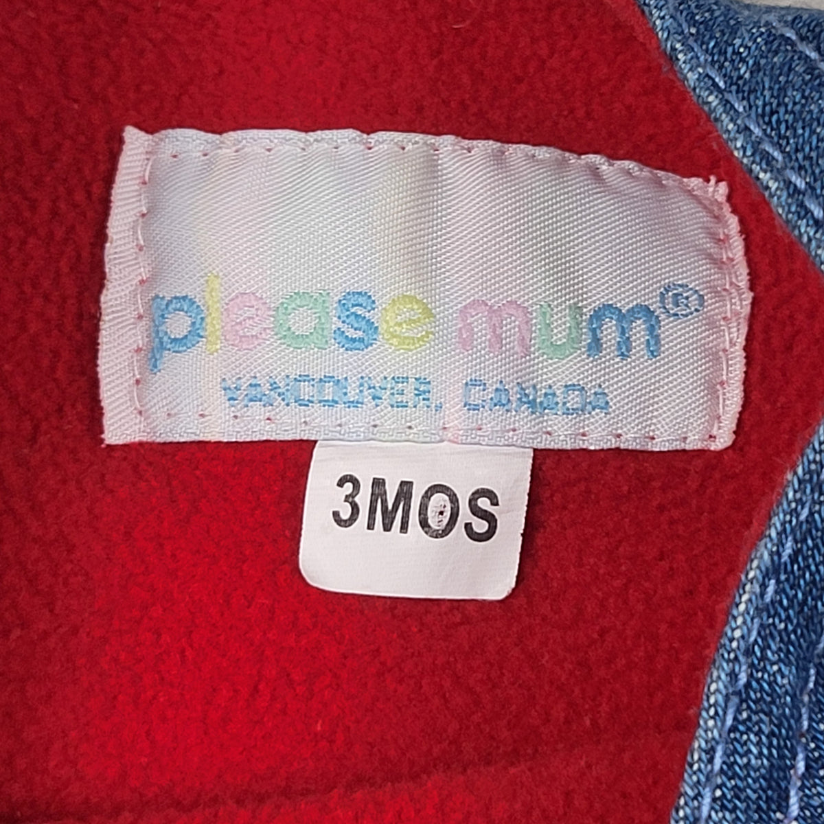 Vintage 1990s Please Mum fleece lined denim snowman overalls. Size 3 months