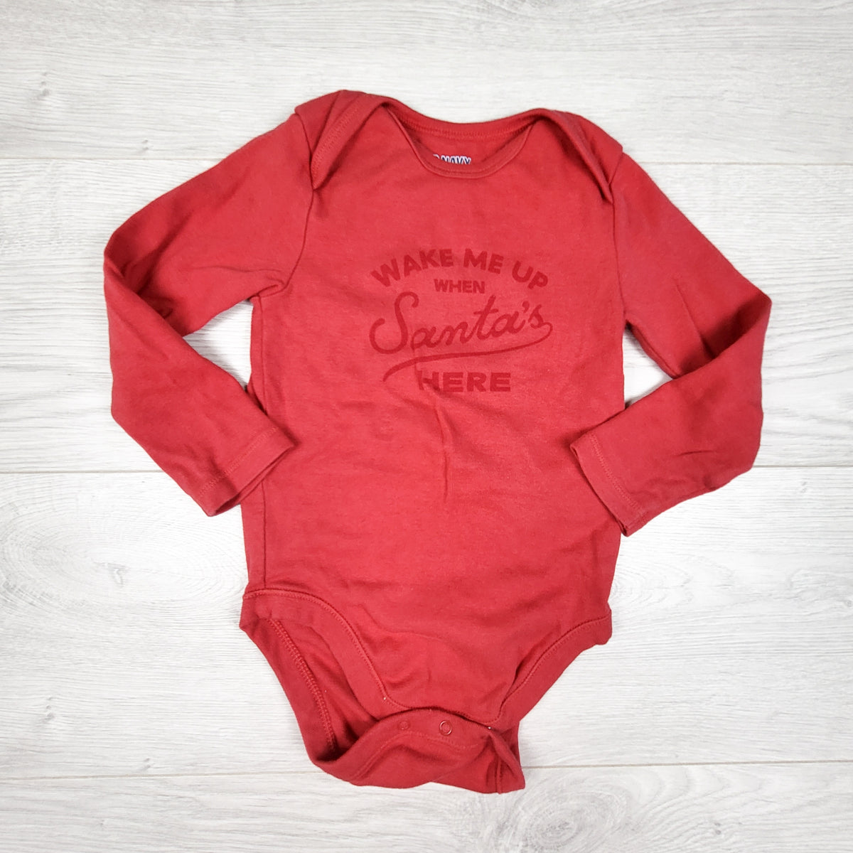 Old Navy red "Wake Me Up When Santa Is Here" bodysuit. Size 18-24 months