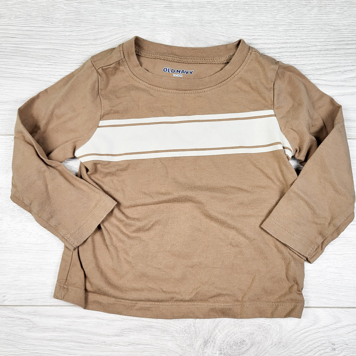 Old Navy tan striped long sleeve top. Size 12-18 months