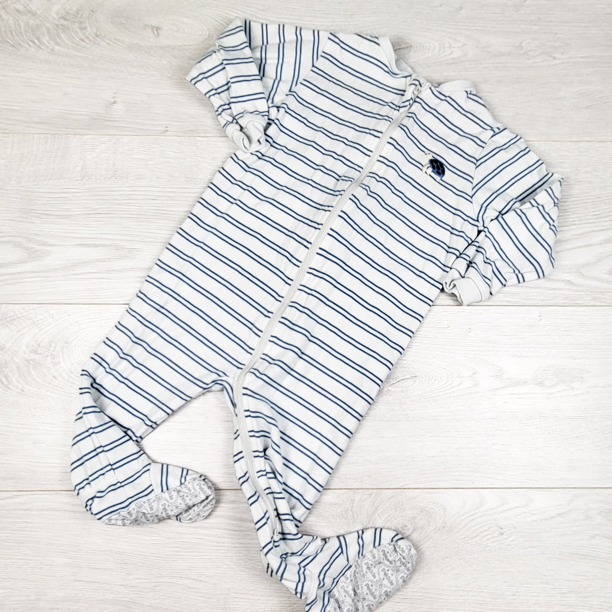 Pekkle white and blue striped zippered cotton sleeper. Size 18 months