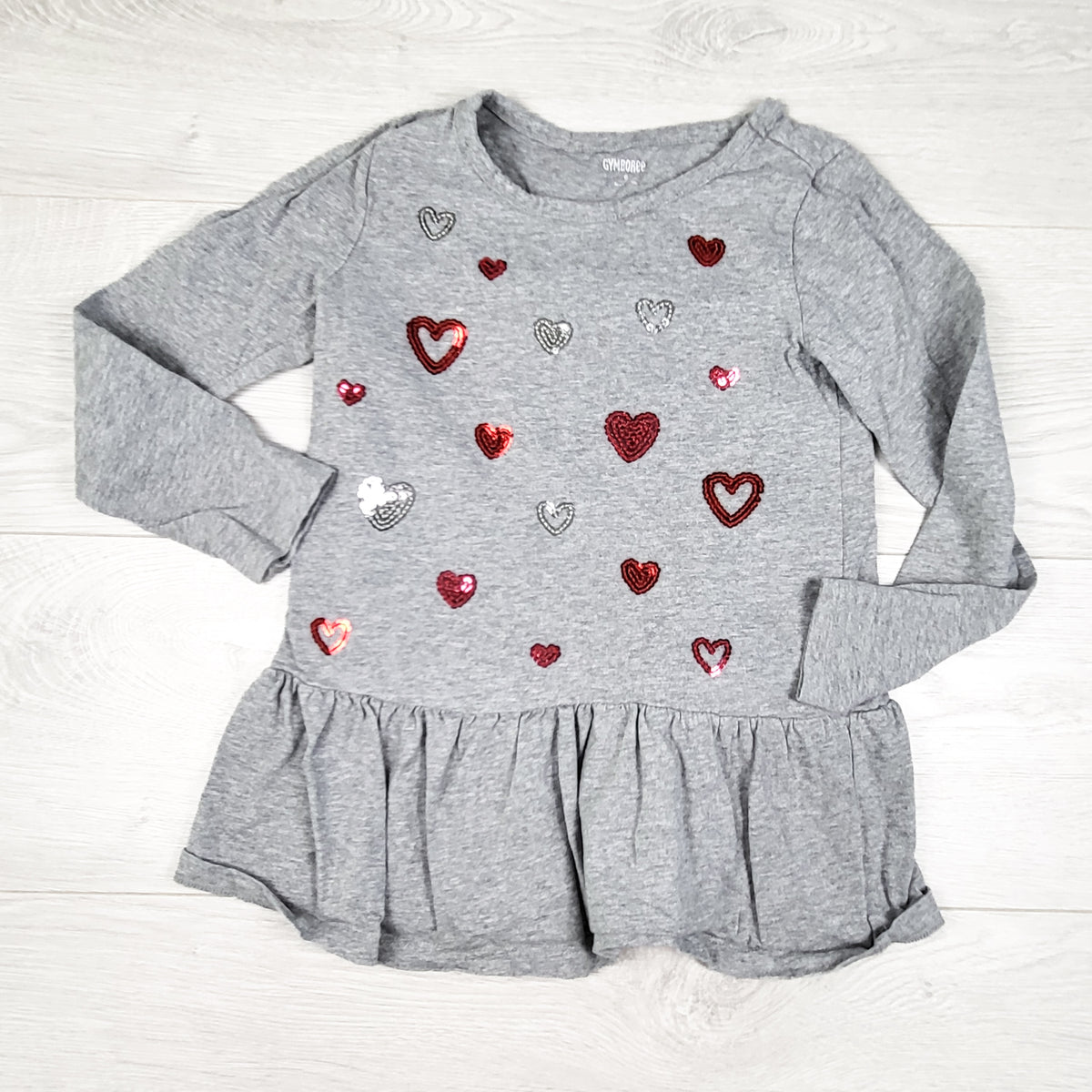 Gymboree grey top with sequin hearts. Size 6