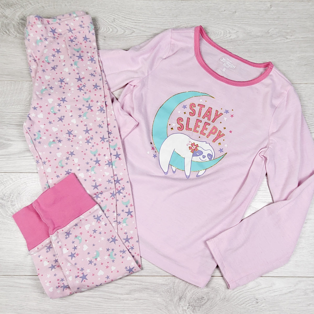 Oshkosh pink "Stay Sleepy" 2pc PJs. Size 8