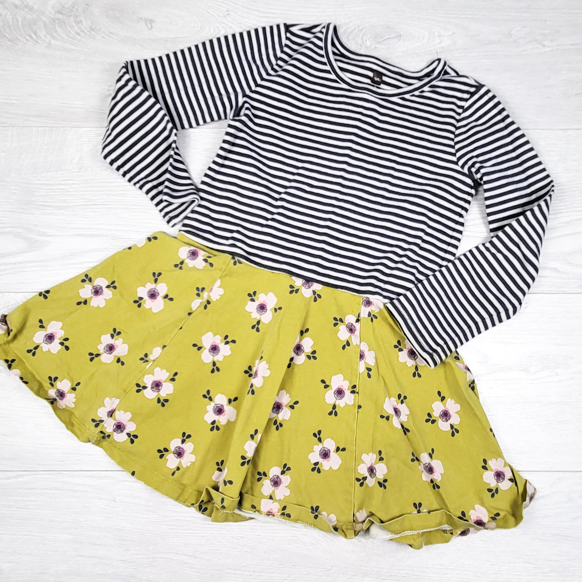 Tea Collection striped cotton dress with chartreuse floral print skirt. Size 6
