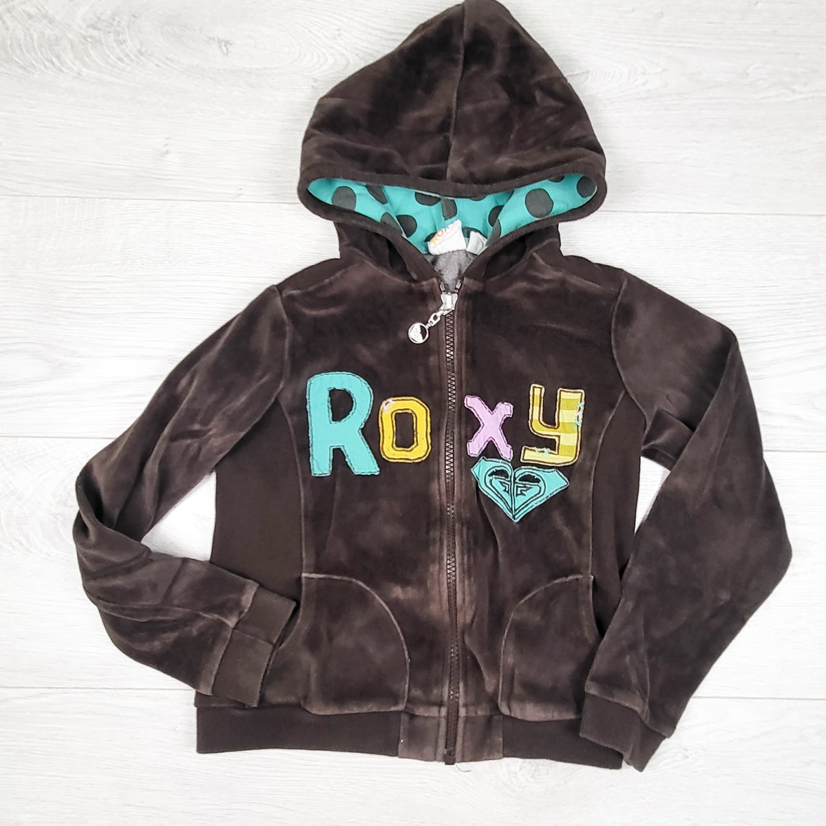 Roxy brown velour zip up hoodie. Size 6