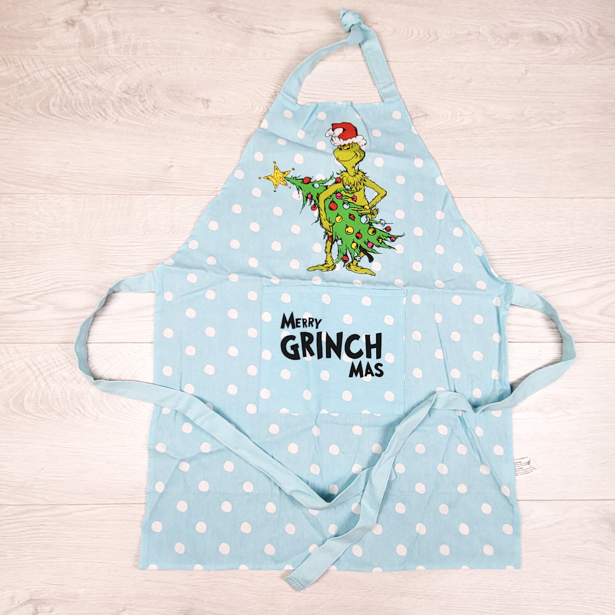 Blue polka dot Grinch apron