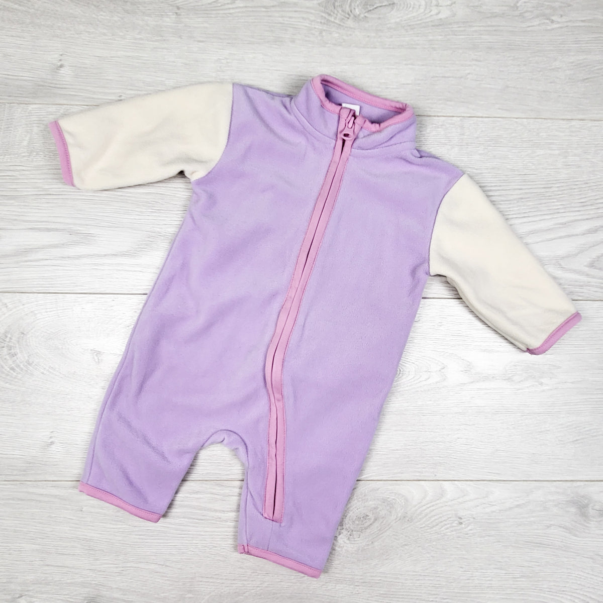 Joe purple and cream fleece romper. Size 0-3 months