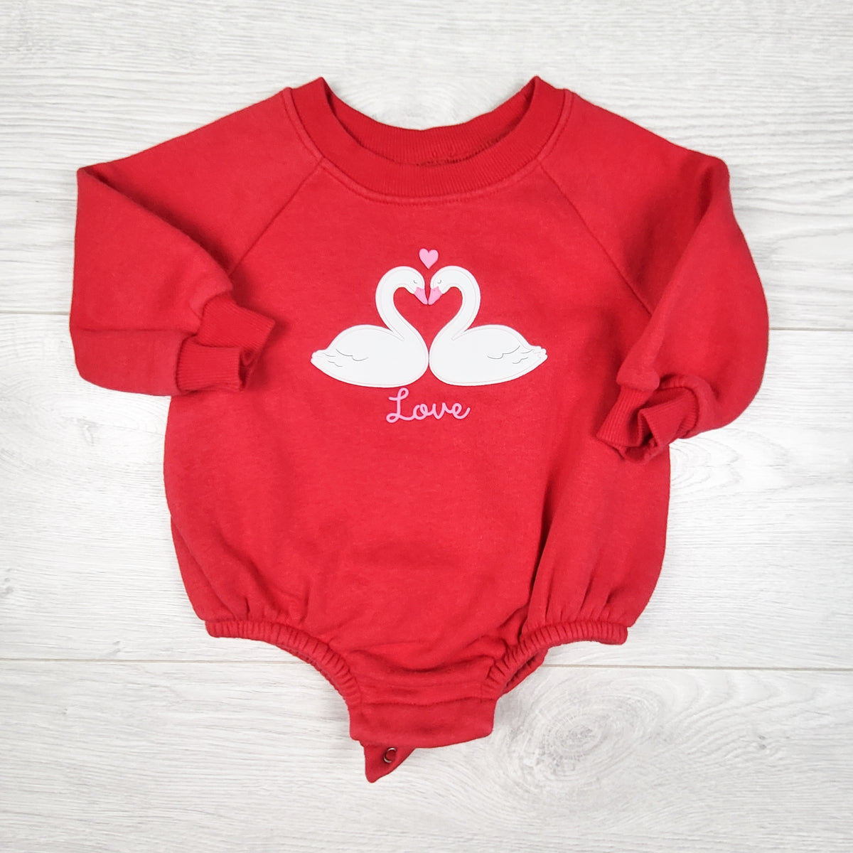 Old Navy red fleecy lined sweatshirt romper with swans. Size 3-6 months