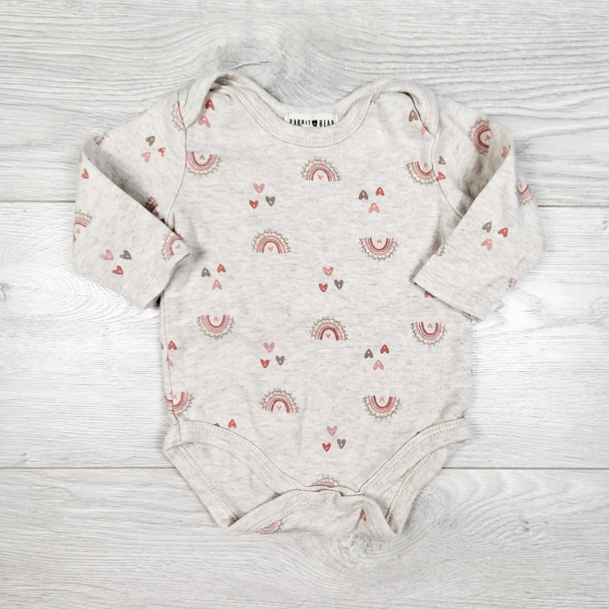 Rabbit and Bear grey bodysuit with hearts and rainbows. Size 3-6 months