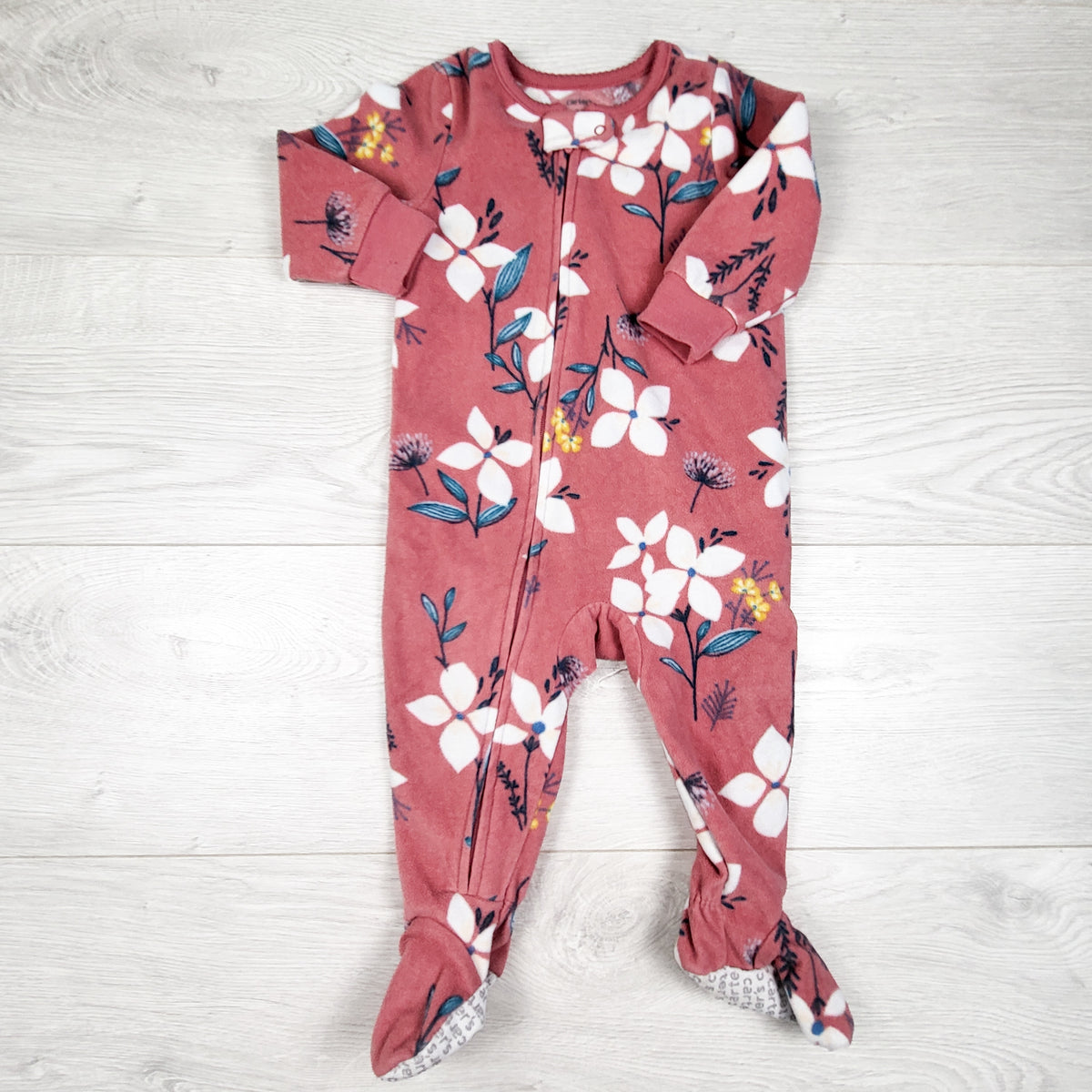 Carters dusty pink floral print zippered fleece sleeper. Size 9 months
