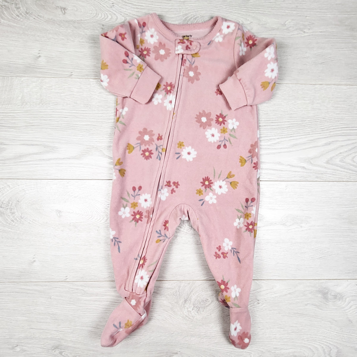 Carters light pink floral print zippered fleece sleeper. Size 6 months