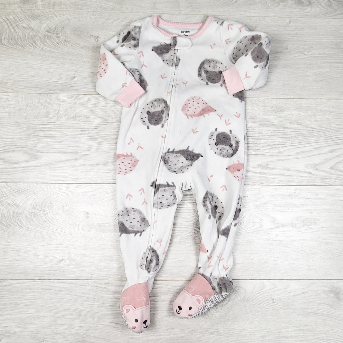 Carters white and pink zippered fleece sleepere with hedgehogs. Size 9 months