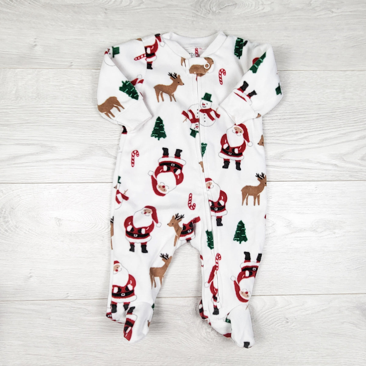 Child of Mine white Christmas themed zippered fleece sleeper. Size 0-3 months