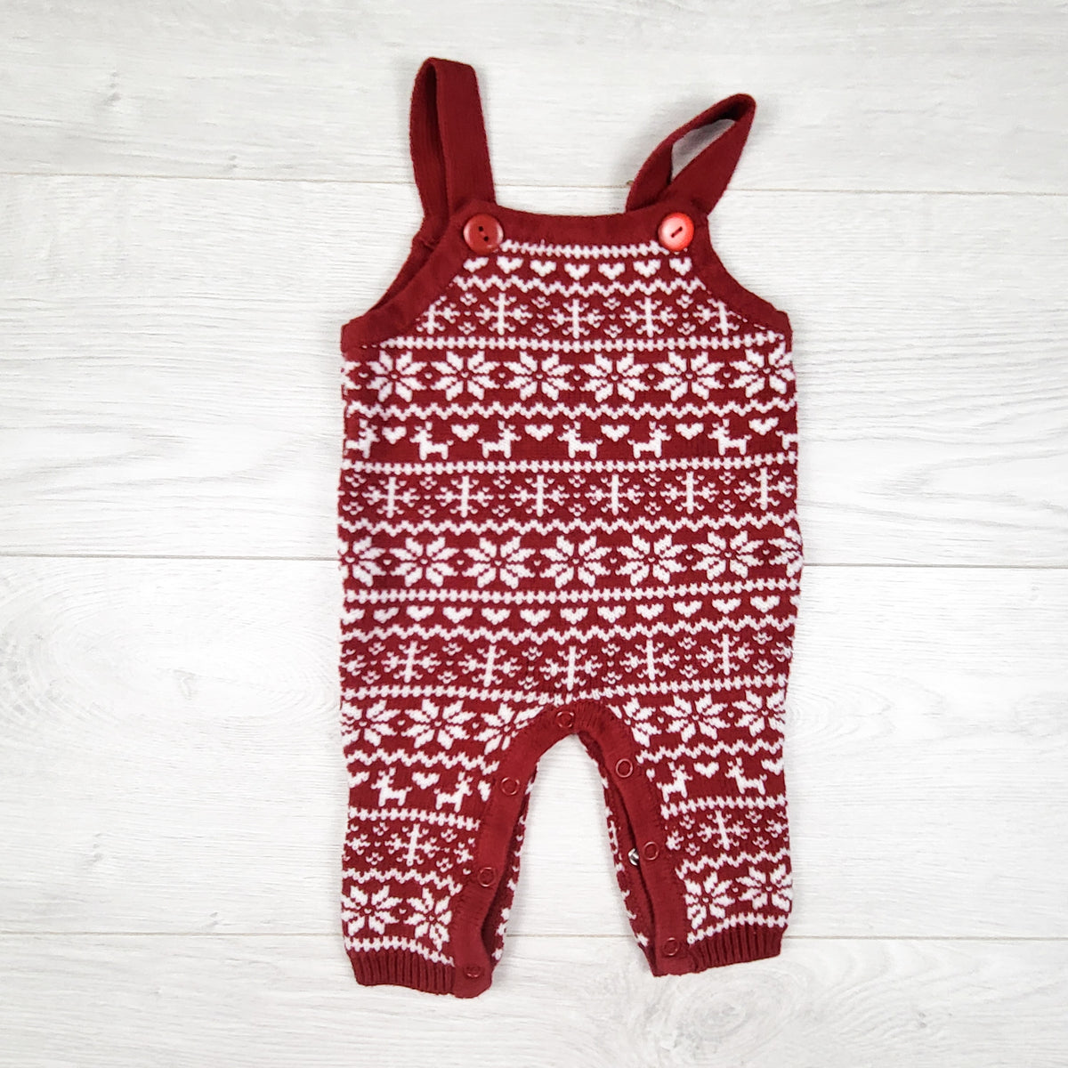 Red snowflake patterned sweater overalls. Size 0-3 months